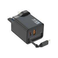 Chargeur mural magnétique électrique GaN 65W avec prise UK, charge rapide, double port USB Type-C, câble rétractable, pour ordinateur portable, compatible PD QC