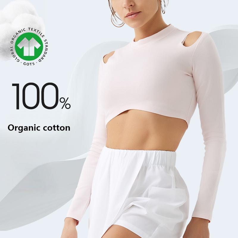 6-Color OEKO-TEX Organic Cotton Workout Top - Long Sleeve Yoga T-Shirt for Women, Breathable Eco-Friendly Fitness Tee