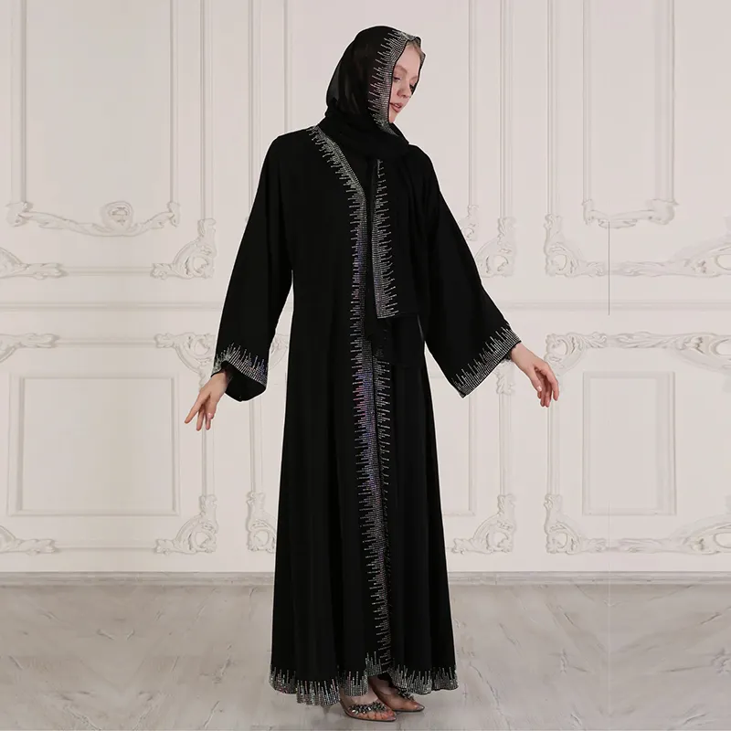 Hồi giáo quần áo 2 miếng caftan kaftan Dubai long lanh sequin abaya ăn mặc thiết lập Chất lượng cao đá Luxe abaya ăn mặc với khăn trùm đầu