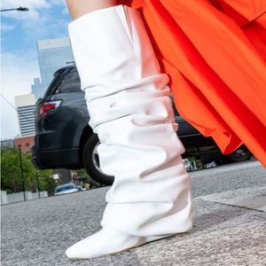 Wrinkle Botas Alto Height Increasing Wedge Heel Shoes Fashion Knee-High <b>Boots</b> for Women - Product Image 5