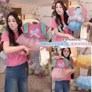 Tongxingyuan Girls T-Shirt With Butterfly <b>Bow</b> Print Short Sleeve Cotton Sweet Cartoon Design For Spring Summer Kids Wear - Product Image 4