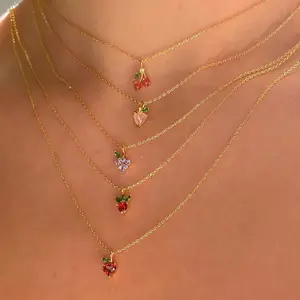Ins Colorful Rhinestone Crystal Cherry Honey Peach Pendant Necklace Tropical Fruit 18k Gold Plated Collarbone Necklace Jewelry