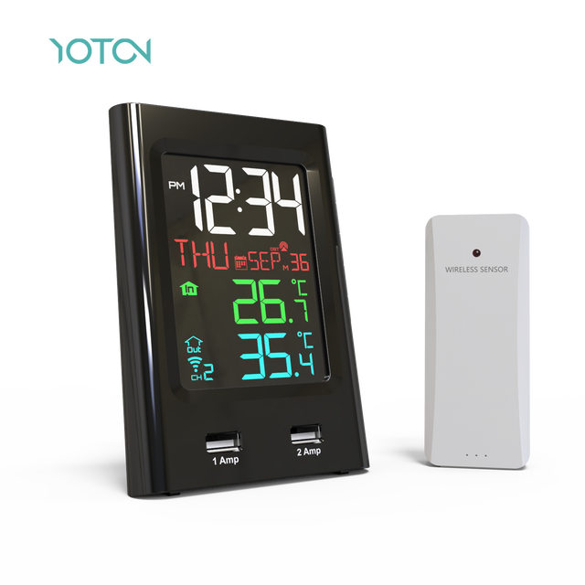 Dual USB Charging ABS Radio Indoor/Outdoor Clock Thermometer Hygrometer for Living Room Kitchen Office Bedroom Smart Table Clock