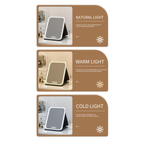 Miroir de maquillage portable pliable à LED, simple face, avec cadre en cuir PU, finition argentée, forme rectangulaire - Utilisation sur bureau