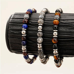 패션 스테인레스 스틸 호랑이 눈 지도 돌 청금석 페르시 탄성 수제 조정 팔찌 유행 보석 남자 - Product Image 3