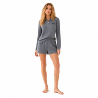 Ensemble tricoté rayé pour femme, col mandarin et short, deux pièces, coupe ample, en laine, automne, vente en gros personnalisée ODM