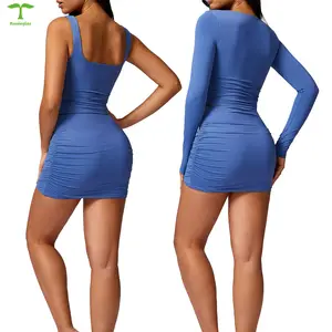 New Design 3-Piece Yoga Active Wear Sets Long Sleeved Top Elastic Fitness Sports Bra Sheath Hip Wrap Skirt Dress