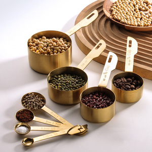 Coffee bean <b>spoon</b>, stainless steel <b>measuring</b> <b>spoon</b> and cup 4-piece set with graduated <b>spoon</b>, seasoning <b>measuring</b> <b>spoon</b>, gold - Product Image 1