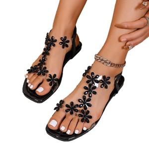 Sandales plates polyvalentes décontractées à bande élastique à fleurs carrées à la mode pour femmes - Product Image 5