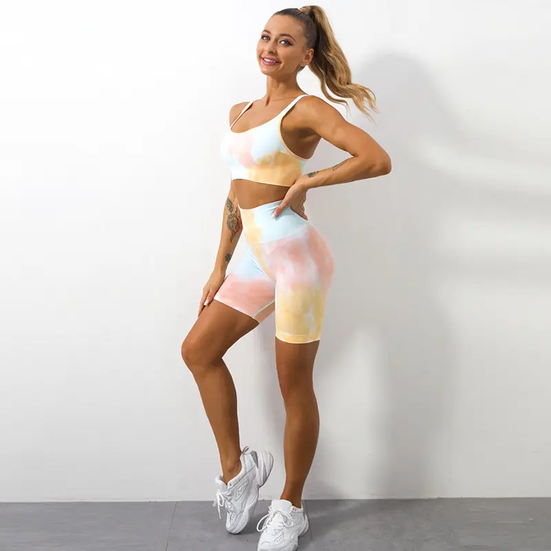 Alta calidad de punto sin costuras tie-dye deporte belleza volver correr fitness yoga ropa interior inalámbrica mujeres chaleco sujetador pantalones cortos traje