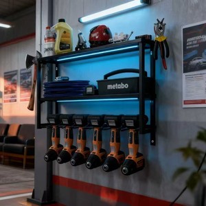 Wall Mounted <b>Tool</b> Rack 3 Tier Black Powder Coated Heavy Duty Garage <b>Storage</b> For Electric Drills And <b>Tools</b> - Product Image 2