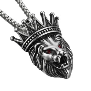 Collar con Colgante de Corona de León de Acero Inoxidable para Hombre, Diseño Geométrico con Ojos Rojos, Engaste Pavé, Accesorio de Joyería Yunnique - Product Image 5