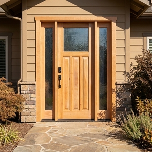 Puerta Exterior de Una Hoja con Paneles Laterales de Madera Sólida de Teca y Caoba, Estilo Artesanal, con Vidrios Laterales Texturizados de Longitud Completa - Product Image 2