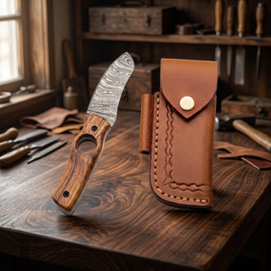 Couteau à lame fixe en acier de Damas avec manche en bois et étui en cuir, lame de qualité supérieure pour couper les cigares, idéal pour l'extérieur - Product Image 2