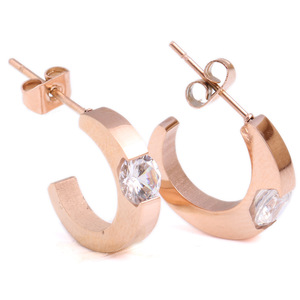 Boucles d'oreilles en or rose en forme de C, 15mm, rondes, incrustées de zircon, design géométrique, cadeau pour femmes - Product Image 5