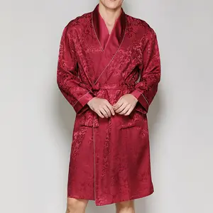 Albornoz de lujo personalizado para hombre, conjunto completo de pijama de seda pura roja, novedad de 2022