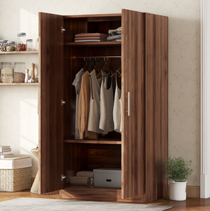 High Quality Scandinavian Design 2-Door Solid Wood <b>Wardrobe</b> Armoire with 3 <b>Storage</b> Shelves Brown Bedroom Furniture - Product Image 1