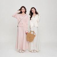 Ensemble deux pièces en maille de coton doux de luxe pour femme, haut à col rond et épaules tombantes, pantalon décontracté, tenue d'intérieur confortable et détendue