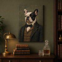 Impression murale abstraite sur toile aux tons terreux chauds, motif botanique et bouledogue français