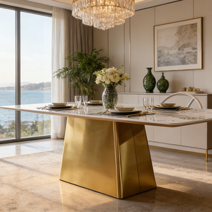 Table à manger de luxe de style italien en acier inoxydable doré <span class=keywords><strong>6</strong></span> <span class=keywords><strong>places</strong></span> avec plateau en marbre naturel <span class=keywords><strong>ardoise</strong></span> Meubles modernes pour villa - Product Image 3