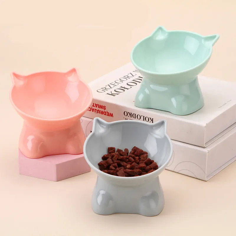 wholesale dog cat Pet bowl protection cervical kneeling high foot cat bowl Plastic binaural miter