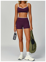 Ensemble de sport 2 pièces pour femme en Spandex/Nylon anti-transpiration, comprenant un crop top et un bas taille haute, coupe ajustée, effet amincissant au dos, avec bordure contrastante