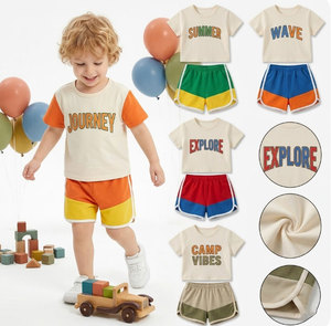 Ensembles de vêtements d'été haut de gamme pour enfants, tenues en coton à manches courtes ou sans manches, col rond, pour tout-petits garçons, motifs color block variés - Product Image 2