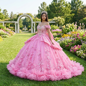 Vestido de Gala Rosa Lsmu188 para Quinceañera/Sweet 16 con Cola de Capilla y Escote Corazón, 100% Poliéster - Product Image 1