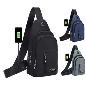 Moda su geçirmez açık erkek Minimalist göğüs çanta 3 fermuarlar USB özel Logo ile tek kollu çanta