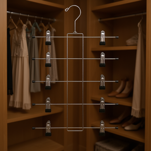 Colgador Metálico de 5 Niveles con Clips Antideslizantes de Acero Aleado, Gancho Plegable para Faldas, Pantalones Cortos, Bufandas, Organización de Armarios - Product Image 2