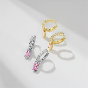 Pendentif carré en zircon rose en argent sterling S925 original, version cuivre personnalisable, boucles d'oreilles en argent plaqué or 14 carats pour femmes - Product Image 4