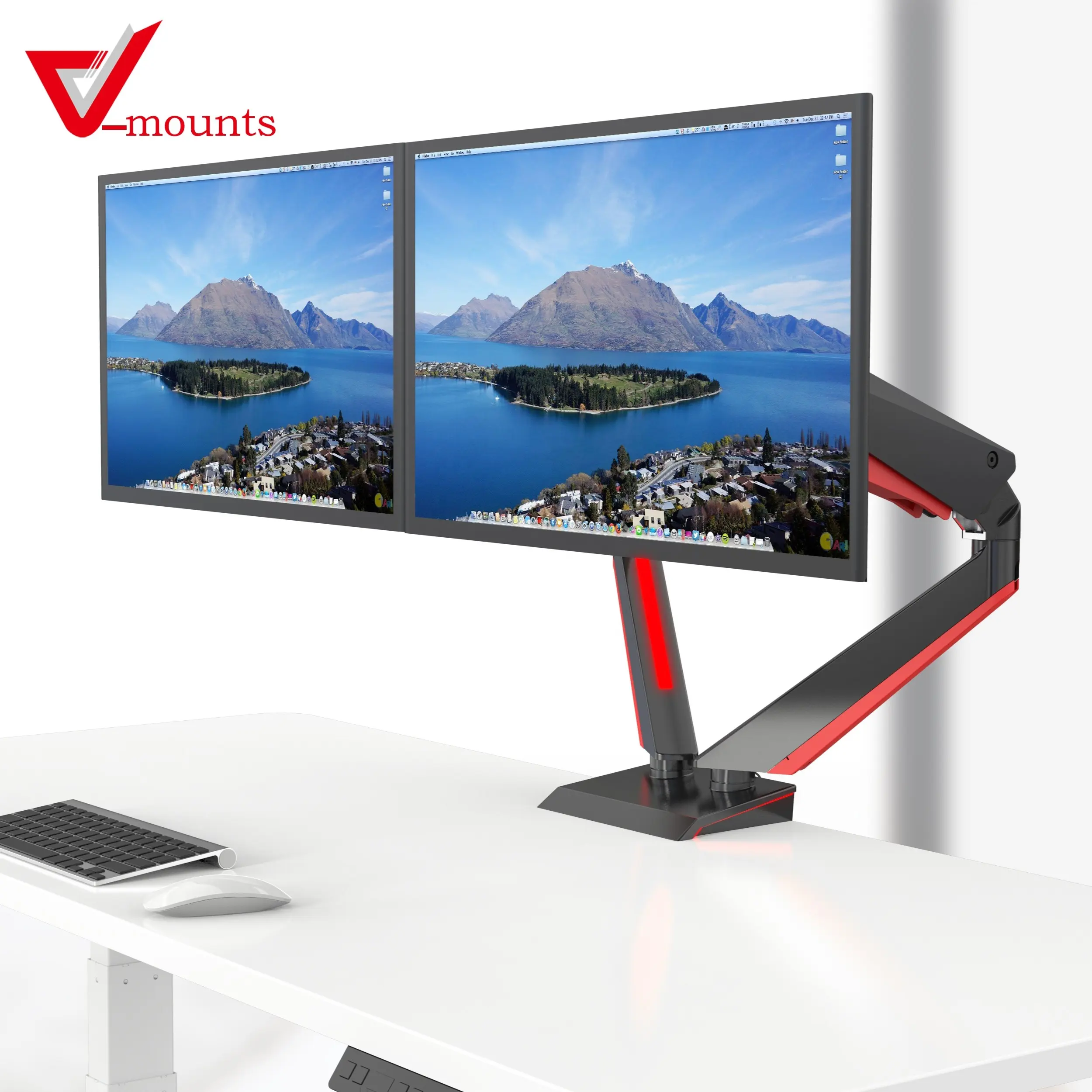 V-mounts Height gas spring adjustable with dual arm monitor stand with color changing light and cable management