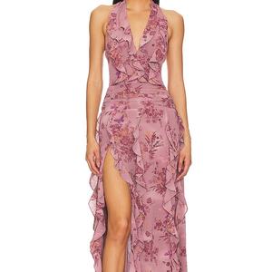 Robe asymétrique élégante et irrégulière à épaules dénudées pour femme, style moulant, longue, col halter, avec volants et imprimé, design Y2K tendance - Product Image 4