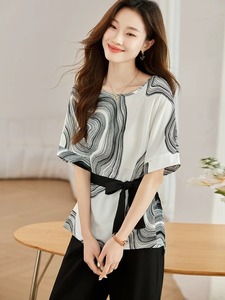夏季短袖衬衫女式办公室优雅条纹印花衬衫上衣配腰带 - Product Image 3