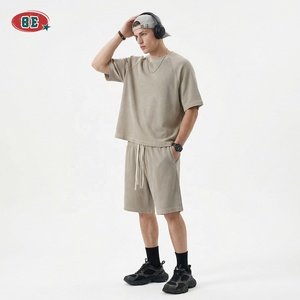 Fabricants de T-shirts en tricot gaufré, ensembles de T-shirts amples grande taille vierges, ensembles de T-shirts pour hommes à col ras du cou et épaules tombantes avec logo personnalisé - Product Image 2