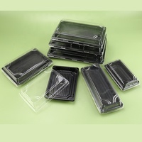 Wegwerp zwarte plastic sushi schaaltjes met transparante deksels, food grade, anti-condens, stapelbaar, bento box, groothandel