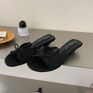 Sandales pour femmes à talon incliné, style français délicat, avec nœud <span class=keywords><strong>en</strong></span> dentelle <span class=keywords><strong>en</strong></span> forme d'éventail et bout froncé - Product Image 5