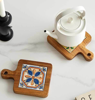 Sous-verre en céramique et bois d'acacia au design rétro-moderne, avec poignée, en marbre brut, idéal pour les cuisines domestiques – Vente chaude