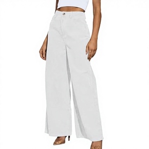 Pantalones de Mujer de Cintura Alta, Pierna Ancha, Color Sólido, Algodón, Corte Holgado, Largos, Estilo Casual de Verano, Cierre de Botones, Blancos - Product Image 3