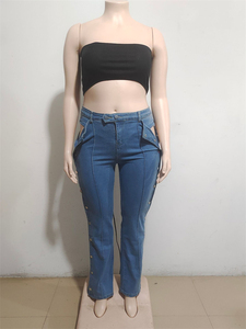 Jeans en coton et élasthanne <span class=keywords><strong>bleu</strong></span> à taille haute pour femmes, vente en gros - Product Image 4