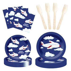 Ensemble de vaisselle de fête DAMAI, design avion bleu foncé, assiettes en papier, gobelets, serviettes, décorations joyeux anniversaire, vaisselle jetable - Product Image 6