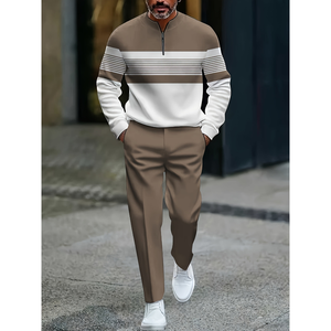 Conjunto Deportivo Casual a Rayas Blancas y <span class=keywords><strong>Caqui</strong></span> para Hombre |   Camiseta de Manga Larga con Cuello Redondo y Media Cremallera a la Moda y Cómoda de Corte Holgado - Product Image 1