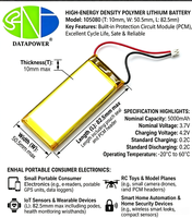 Batterie Li-polymère haute capacité 3.7V 3.8V 105080 5000mAh 5500mAh 20.9Wh à sortie stable et longue autonomie pour matériel créatif