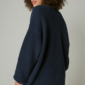Cárdigan casual de otoño para mujer, de punto acanalado, con cuello en V, ribete en contraste, manga larga, de longitud media, estilo preppy, venta al por mayor - Product Image 3