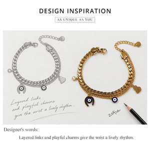 Bracelet à breloques superposées en acier inoxydable plaqué or 14K sous vide, avec zircon motif œil bleu, cœur et fer à cheval, ton or - Product Image 5