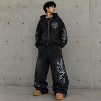Ensemble de survêtement 100% coton lavé personnalisé sweats à capuche avec fermeture éclair pantalon de survêtement évasé imprimé de détresse lavage à l'acide survêtement respirant pour hommes