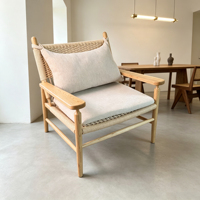 Fauteuil de loisirs en rotin et bois massif, chaise d'appoint en cannage tressé à la main avec coussin pour salon, balcon, salle de séjour