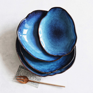 Assiette en céramique de porcelaine bleue vintage japonaise, transformée au four, irrégulière, durable, pour mariage, <span class=keywords><strong>salade</strong></span> et pâtes - Product Image 3