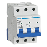 Disjoncteur Chint NB1-63H IEC/EN 60898-1, tension nominale 230/400V, capacité de coupure 10kA, types B/C/D, montage sur rail, usage industriel