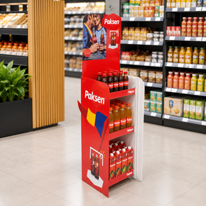 Présentoir autoportant en carton ondulé pour boissons gazeuses, présentoir couleur pour la promotion de boissons en supermarché - Product Image 1